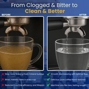 before and after comparison of an espresso machine brewing  coffee.