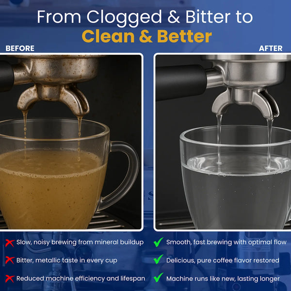 before and after comparison of an espresso machine brewing  coffee.